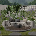 Outdoor Sofa With Fire Pit Lush Plants Purple Flowers And Accent Chairs On Wooden Deck