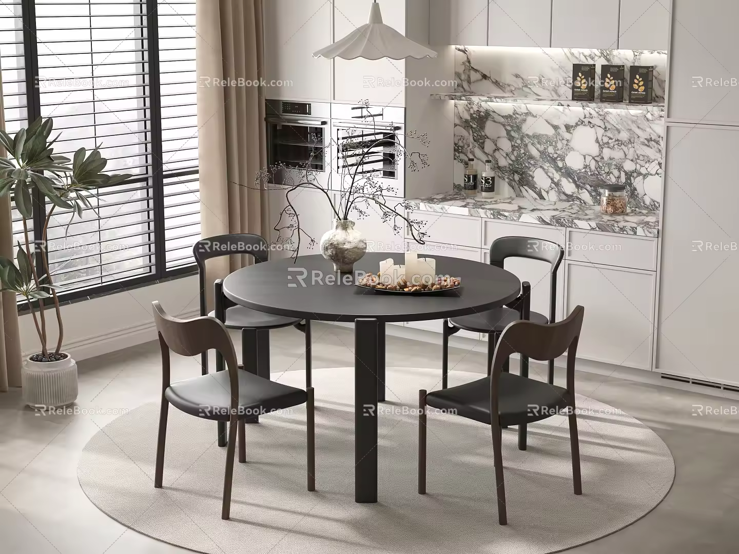 Dining Table and Chair Combination Dining Cabinet Chandelier 3d model