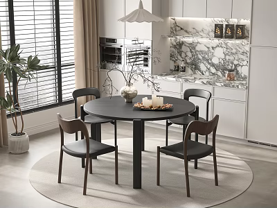 Modern Round Dining Table Set With Four Chairs And Decorative Plants Near Window 3d model