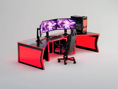 Gaming Entertainment Desk with Three Gaming Monitors Computer Tower Black Chair Red Black Design 3d model