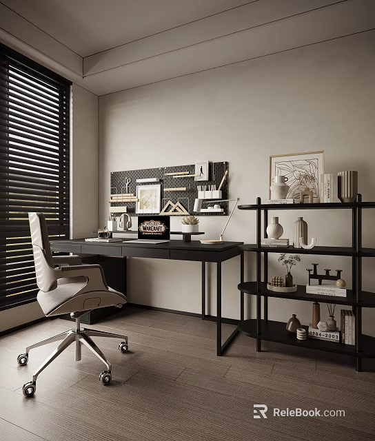Modern Black Desk With Pegboard White Chair Lamp Shelf And Decorations By Window 3d model 
