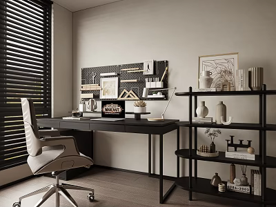 Modern Black Desk With Pegboard White Chair Lamp Shelf And Decorations By Window 3d model