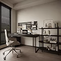 Modern Black Desk With Pegboard White Chair Lamp Shelf And Decorations By Window