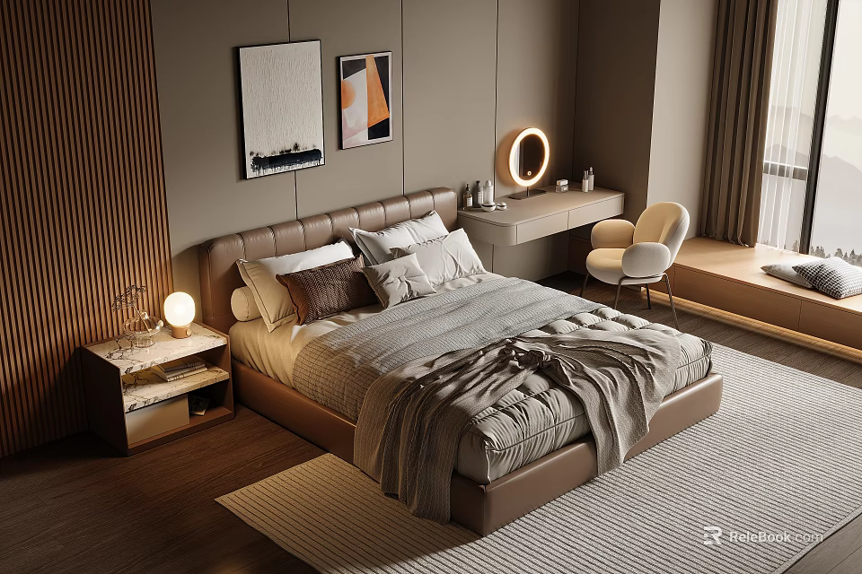 Modern Bedroom Interior With Upholstered Bed Nightstand Accent Chair And Paintings 3d model 