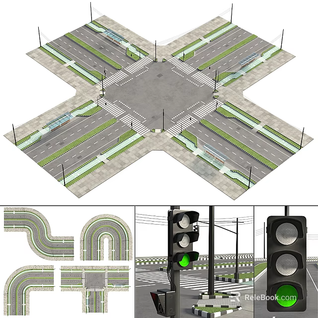 Road Facilities Layout With Intersection Roads Traffic Lights And Median Lanes Design 3d model
