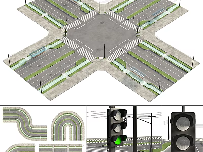 Road Facilities Layout With Intersection Roads Traffic Lights And Median Lanes Design 3d model
