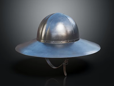 Classic Vintage Metal Helmet With Broad Brim Shiny Silver Surface And Chin Strap Design 3d model