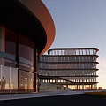 Modern Office Building With Glass Curtain Walls Green Surroundings Red Flag Cars And Pedestrians