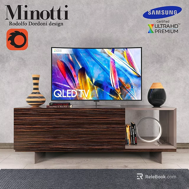 Modern Wooden Storage Cabinet With QLED TV Vase Books And Decorative Items 3d model 
