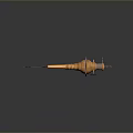 Golden Metallic Weapon With Spear Like Design Red Wheel And Shiny Mechanical Structure