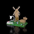 Miniature Farm Scene With Wooden Windmill Cow Sunflowers And Picket Fence