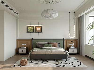 Elegant Modern Bedroom Interior Design With Chandelier Bedside Tables Patterned Rug And Framed Art 3d model