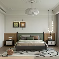 Elegant Modern Bedroom Interior Design With Chandelier Bedside Tables Patterned Rug And Framed Art