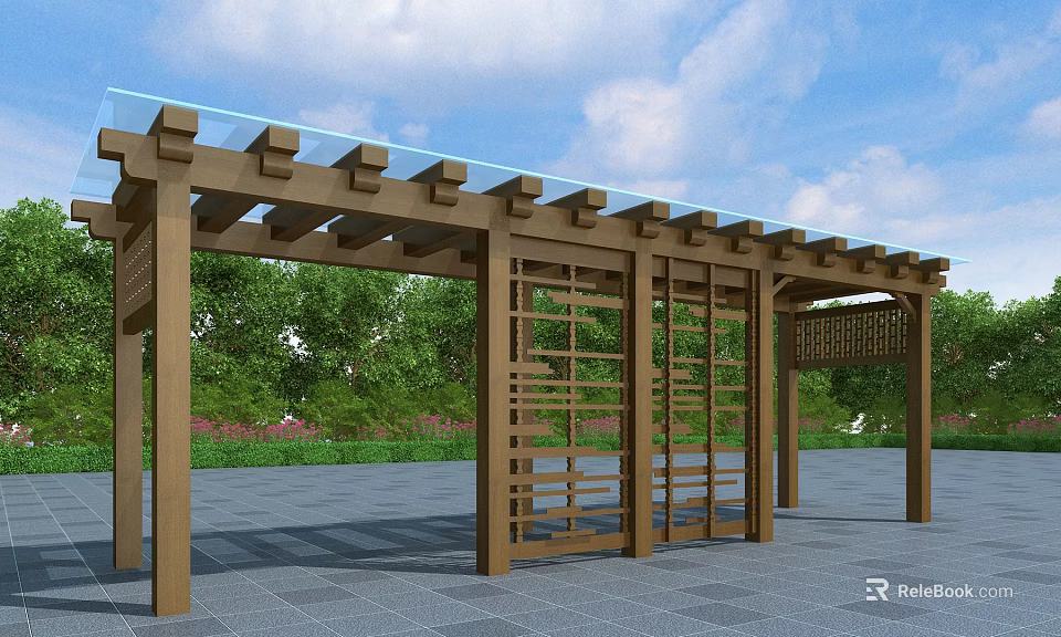 Wooden Pergola With Glass Roof And Open Structure Surrounded By Green Trees And Stone Pavement 3d model 