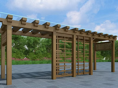 Wooden Pergola With Glass Roof And Open Structure Surrounded By Green Trees And Stone Pavement 3d model