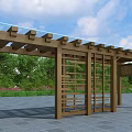 Wooden Pergola With Glass Roof And Open Structure Surrounded By Green Trees And Stone Pavement