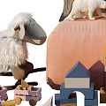 Stuffed Teddy Bears Polar Bear Sheep Dolls With Building Blocks Small Houses On Pink Bed