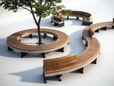 Circular Tree Pit With Curved Wooden Benches In Modern Outdoor Design 3d model