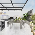Rooftop Garden Landscape With Lush Plants Tables Chairs Hanging String Lights And Modern City Background