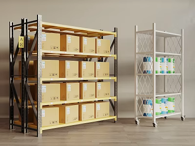 Industrial Metal Storage Racks Holding Cardboard Boxes And Mobile White Shelves With Canned Goods 3d model