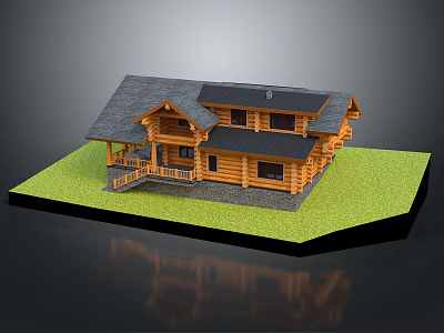 Cartoon Scene Of Cozy Log Cabin With Gray Roof Wooden Porch And Lush Green Grass 3d model