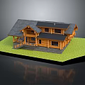 Cartoon Scene Of Cozy Log Cabin With Gray Roof Wooden Porch And Lush Green Grass