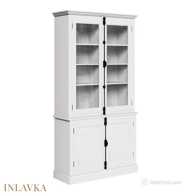 White Wooden Storage Cabinet with Glass Doors and Multiple Compartments Design 3d model 