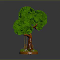 Green leafy tree with brown trunk and swing on circular base with small stones
