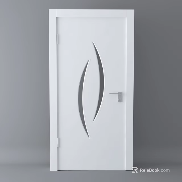 White Hinged Door with Curved Cutout Patterns and Silver Handle in Modern Style 3d model 