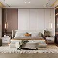 Elegant Modern Bedroom Interior With Large Bed Wardrobe Area Rug And Green Plant