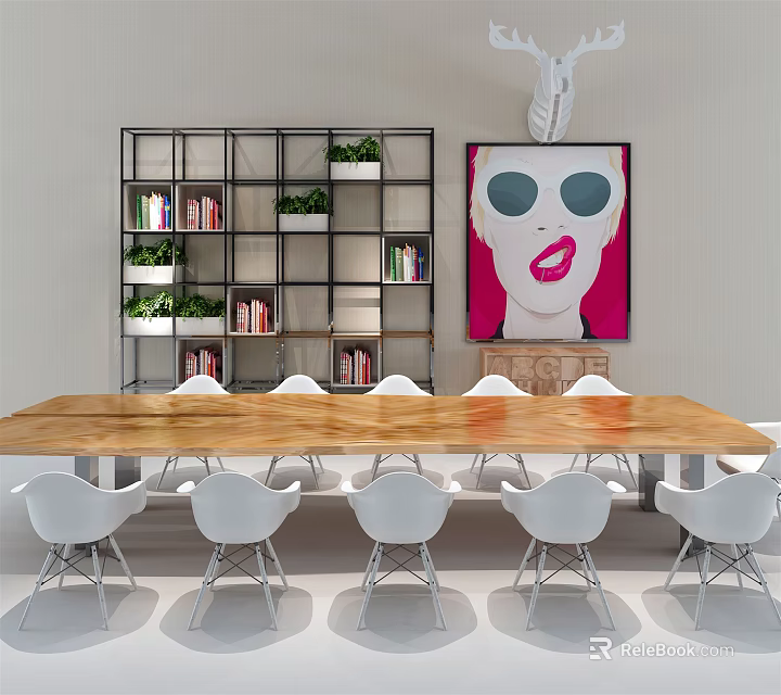 Long Wooden Table With White Chairs Black Metal Bookshelf Books Green Plants And Wall Painting 3d model 