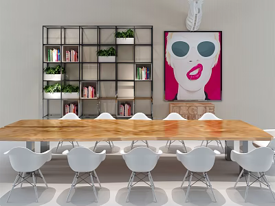 Long Wooden Table With White Chairs Black Metal Bookshelf Books Green Plants And Wall Painting 3d model