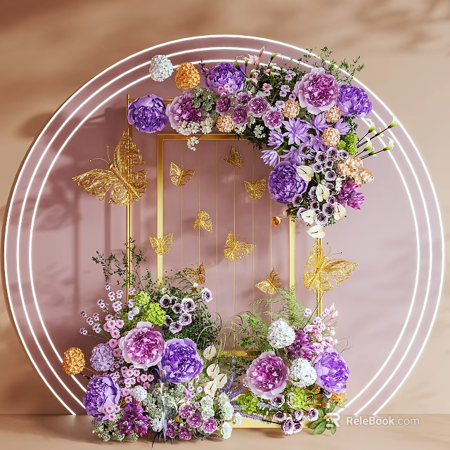 Floral Photo Check In Spot With Purple Pink White Flowers And Golden Butterflies 3d model 