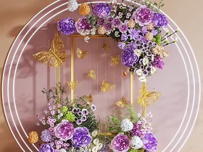Floral Photo Check In Spot With Purple Pink White Flowers And Golden Butterflies 3d model
