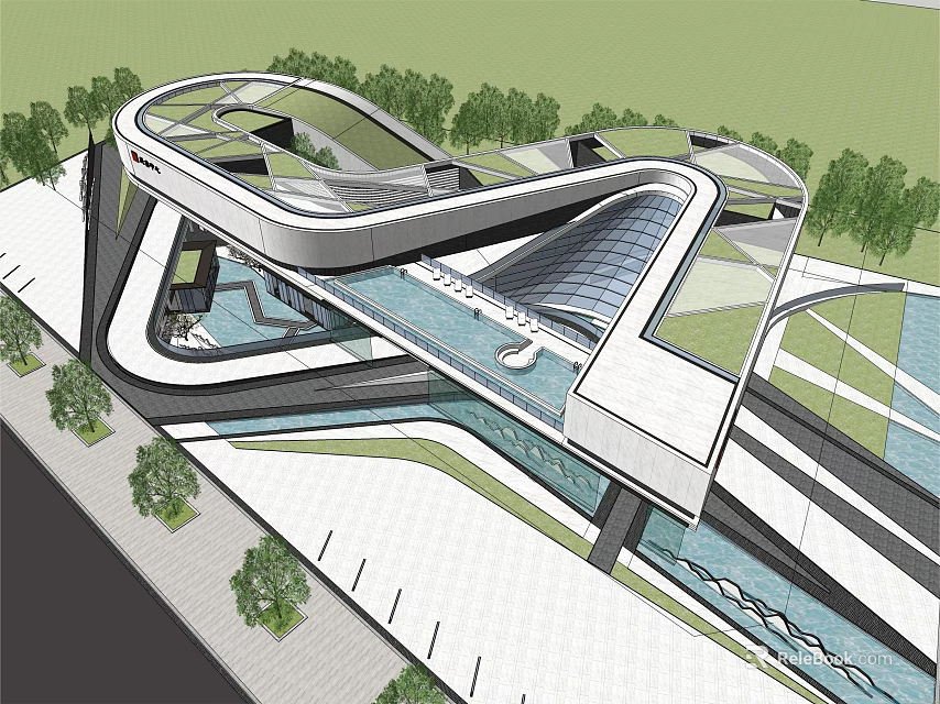 Modern Streamlined Sales Office Building With Glass Curtain Wall Landscaping And Water Feature 3d model 