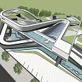 Modern Streamlined Sales Office Building With Glass Curtain Wall Landscaping And Water Feature