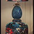 Blue Pineapple Shaped Top Table Lamp With Floral And Bird Patterns 3d model