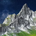 Park Landscape With Mountain Peaks Green Grass And White Rocks Under Starry Sky