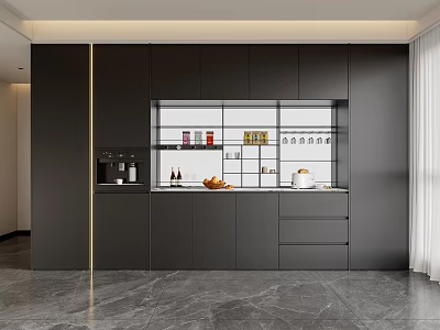 Modern Dining Area Sideboard With Black Storage Cabinets Glass Doors And Drawers 3d model