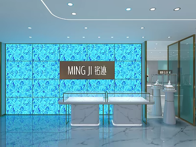 Ming Ji Jewelry Store Interior With Blue Backdrop Wall And Marble Display Counters 3d model