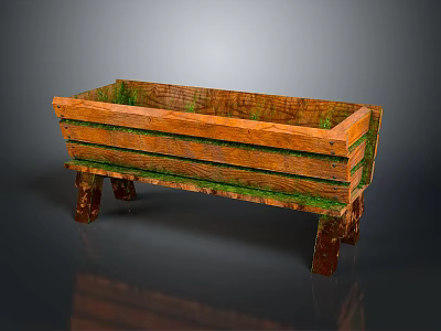Wooden Planter Box With Legs And Green Moss For Garden Decoration 3d model