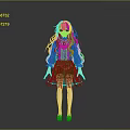 3D Anime Character Model With Teal Purple Curly Hair And Green Ruffled Dress
