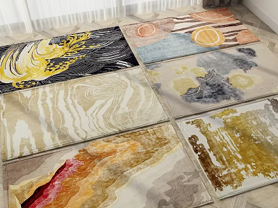 Various Square Rugs with Abstract Artistic Patterns and Vibrant Color Tones for Home Decor 3d model