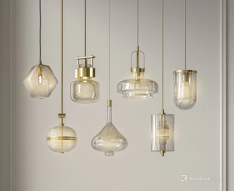 Modern Glass and Gold Metal Chandeliers with Various Stylish Hanging Designs 3d model 