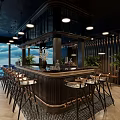 Modern Bar Interior Design With Ambient Lighting Wooden Furniture And Green Plants
