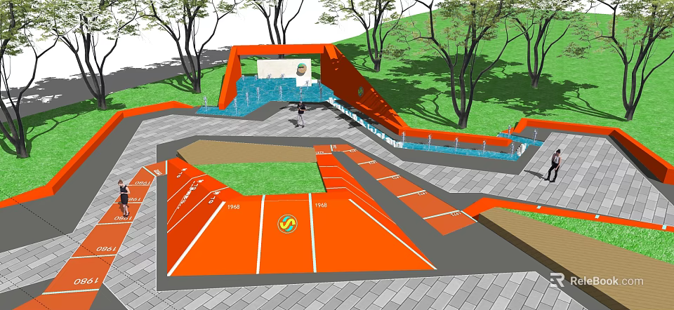 Contemporary Garden Landscape With Orange Paving Green Lawn Trees And Water Feature 3d model 