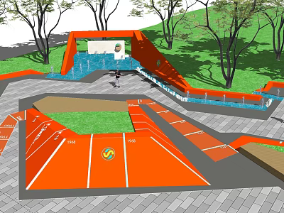 Contemporary Garden Landscape With Orange Paving Green Lawn Trees And Water Feature 3d model