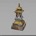 Traditional Multi Tiered Tower Architecture With Golden Roof And Brick Stone Base