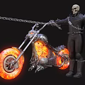 Game Movie Character Skeleton in Black Leather Outfit Riding Flaming Tire Motorcycle with Metallic Design