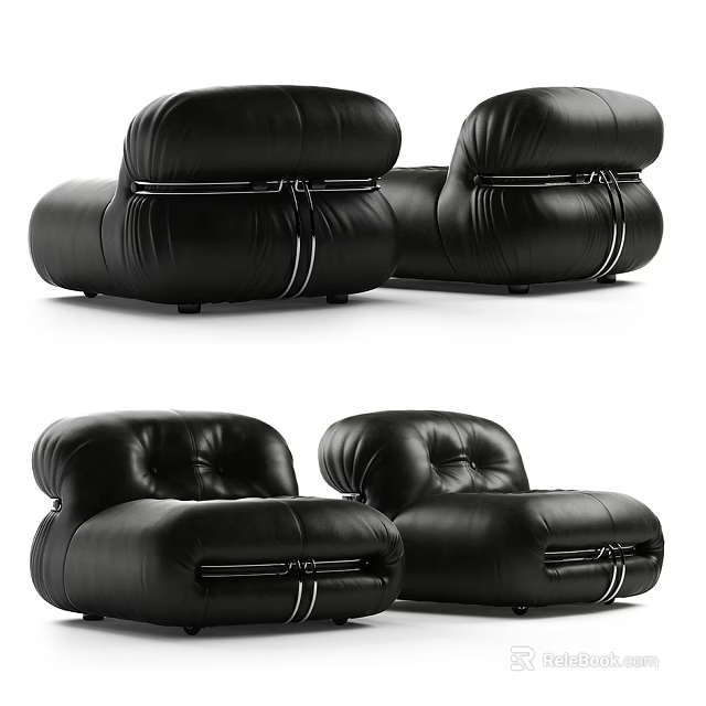 Black Leather Single Sofa With Modern Stitched Design And Metal Accents For Living Room 3d model 